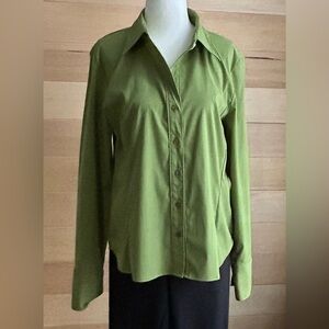 Jessica size large button up, long sleeve blouse, green, square buttons